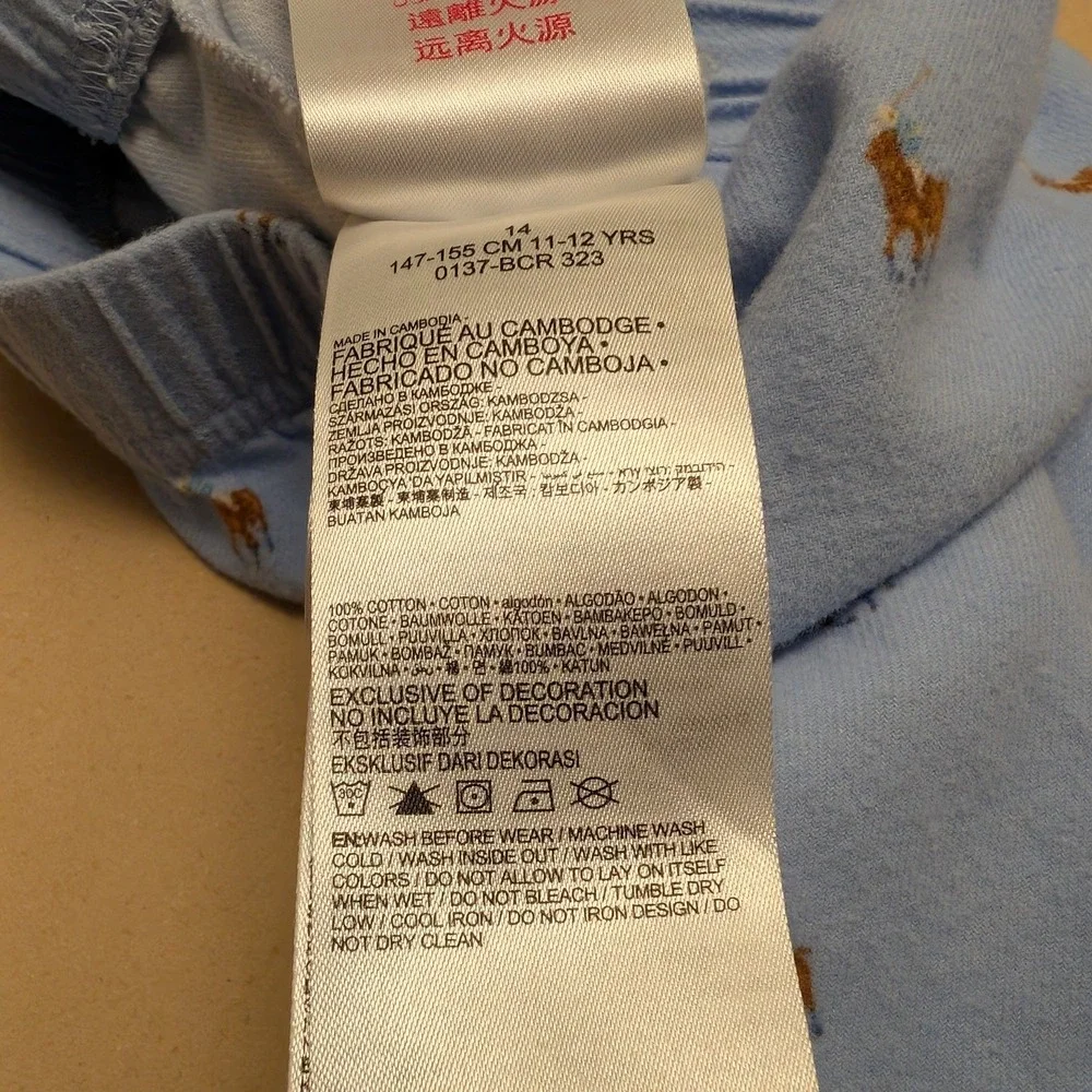 Polo Ralph Lauren Kids Pajama Pants Sz‎ 14 Blue Pony Logo Print Cotton Sleepwear